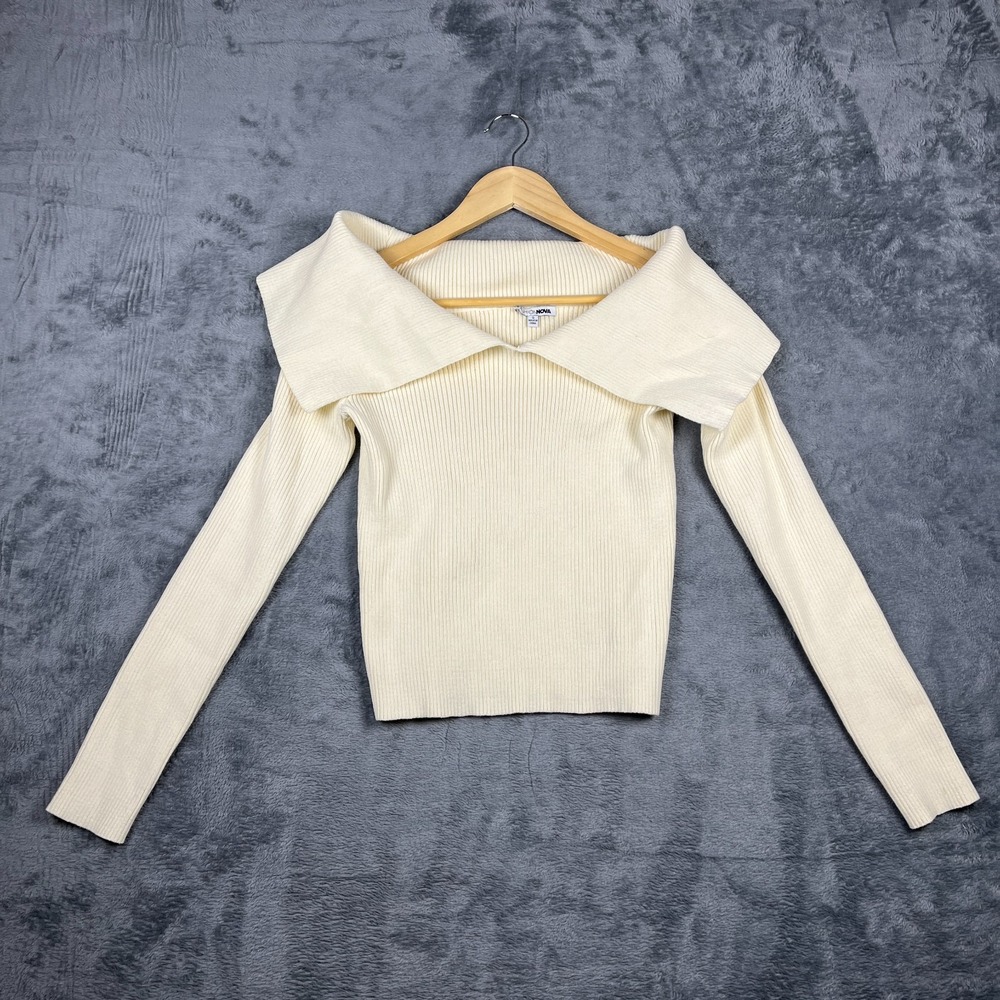 Fashion Nova Crop Sweater Womens Small Beige Ribbed Tight Knit Off The Shoulder